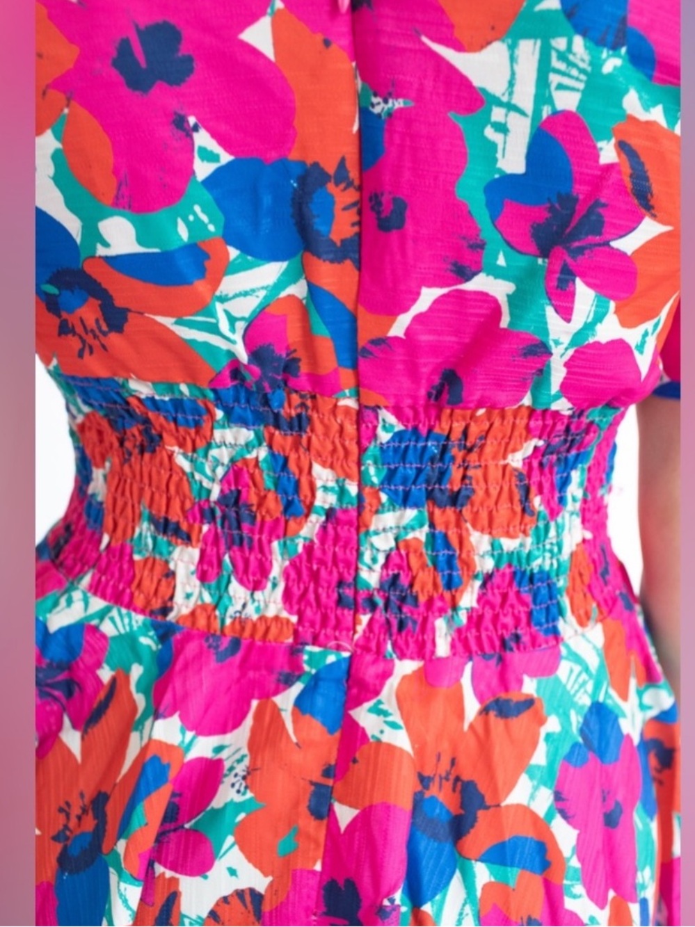 NWOT Lili Sidonio Molly Bracken Retro Smocked Fushia Floral Print Dress Size S - Picture 7 of 13